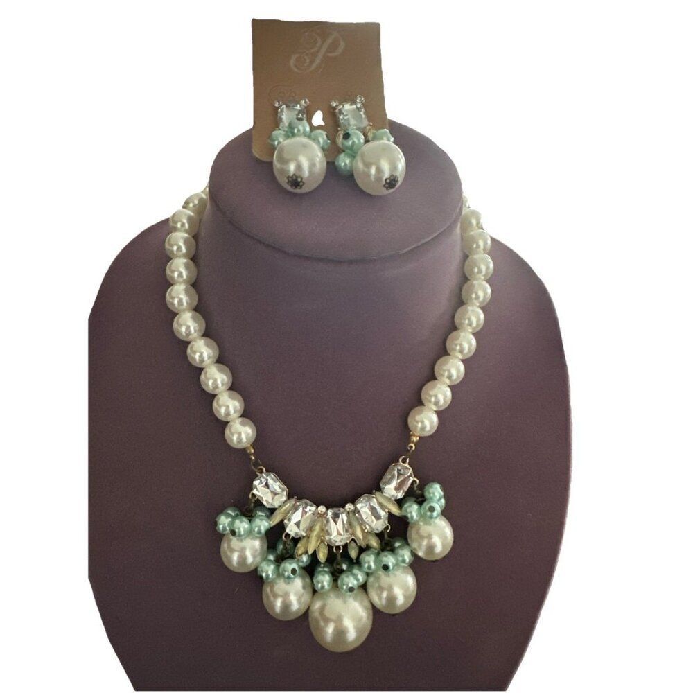 Plunder Faux Pearl Necklace and Pierced Earring Set White Mint Green Rhinestones